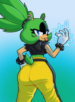 anthro big_butt black_clothing black_topwear blue_eyes bottomwear breasts butt clothing ear_piercing electricity electrogenesis eyelashes female furgonomic_bottomwear furgonomics green_hair hair hand_on_hip jewelry medium_breasts pants piercing ponytail solo studded_jewelry studs tail thick_thighs tongue tongue_out topwear wide_hips yellow_bottomwear yellow_clothing yellow_pants roboticsteve idw_publishing sega sonic_the_hedgehog_(comics) sonic_the_hedgehog_(idw) sonic_the_hedgehog_(series) surge_the_tenrec afrosoricid mammal tenrec absurd_res hi_res