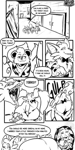 abdominal_bulge almost_fully_inside ambiguous_gender anthro blinds bodily_fluids bow_tie dialogue door drooling fangs feral group illusion internal kerchief laying_on_another licking licking_lips lying multiple_prey neck_bulge on_side open_mouth oral_vore saliva soft_vore speech_bubble tail_outside_mouth talking_to_prey teeth text tongue tongue_out trio vore eclairscollection nintendo pokemon pokemon_mystery_dungeon spike_chunsoft generation_1_pokemon generation_3_pokemon generation_5_pokemon growlithe pokemon_(species) wartortle zangoose zorua black_and_white comic english_text hi_res monochrome