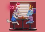 anthro blue_body blue_fur blush clothed clothing diner dinner duo food fur grey_body grey_fur horn male male/male restaurant macwolfmutt animal_crossing nintendo fang_(animal_crossing) sherb_(animal_crossing) bovid canid canine canis caprine goat mammal wolf hi_res