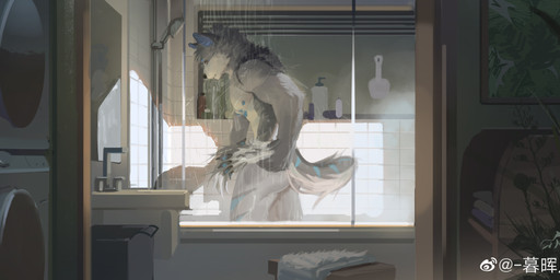 anthro appliance bathing blue_inner_ear_fluff blue_markings blue_nipples butt clothes_dryer dryer fur grey_body grey_fur inner_ear_fluff inside laundry_machine male markings mouth_closed nipples nude painting_(object) plant shower showering solo standing striped_markings striped_tail stripes tail tail_markings tuft washing_machine wet wet_body wet_fur white_body white_fur awaldkize canid mammal hi_res