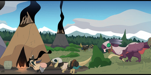 ambiguous_gender basket black_border border container fantasy female feral forest group hunter hunting male mask melee_weapon outside plant polearm sky smoking spear tent tree weapon thepatchedragon dragonscape mythology doerate_(thepatchedragon) forl_(thepatchedragon) hiker_(thepatchedragon) jat_(thepatchedragon) dinosaur dragon drekir mythological_creature mythological_scalie prehistoric_species reptile saurischian scalie theropod absurd_res hi_res