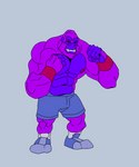 athletic box clothing container fur gorilla_boxing_day grey_background male muscular purple_body purple_fur red_eyes simple_background solo swimming_trunks swimwear tusks wristband rickleone aperil gokong ape gorilla haplorhine mammal primate himbo 5:6 animated short_playtime