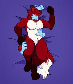 anthro belly_rub black_body black_ears black_fur black_nose black_paws disembodied_hand eyes_closed female floppy_ears fluffy fluffy_tail fur g_clef hair hand_on_belly hand_on_head hand_on_hip hand_on_leg hand_on_neck hand_on_thigh headpat inner_ear_fluff lying multicolored_body multicolored_fur musical_clef musical_symbol nude on_back petting purple_eyes red_body red_fur red_hair solo symbol tail tuft white_body white_fur white_inner_ear_fluff rosieriot jesam_(jesam) canid canine fox mammal red_fox true_fox digital_media_(artwork) hi_res nonbinary_(lore) trans_(lore) trans_woman_(lore)