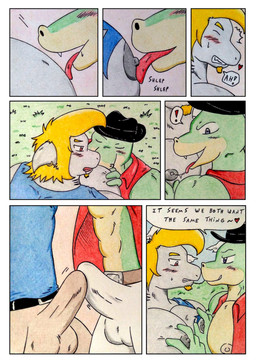 abs anthro areola barazoku belt big_muscles big_pecs black_clothing black_hat black_headwear black_nipples blonde_hair blue_clothing blue_shirt blue_topwear blush blush_lines bodily_fluids bottomwear breasts brown_bottomwear brown_clothing brown_pants chest_lick chest_tattoo cleavage clothed clothing comic_panel dialogue dripping ear_piercing ear_ring erection erection_under_clothing facial_hair forest forest_background frottage frottage_through_clothing goatee green_body grey_body hair hat headgear headwear licking male manly medieval muscular muscular_anthro muscular_male nature nature_background nipple_fetish nipple_lick nipple_play nipple_suck nipples open_clothing open_mouth pants pecs penile penises_touching piercing pink_nipples plant purple_eyes red_clothing red_eyes ring_piercing saliva saliva_drip saliva_string seductive sex shark_fin shirt sucking tattoo teeth text tongue tongue_out topwear touching_pecs tree white_bottomwear white_clothing white_pants dashthefox nikel aquatic fish lizard reptile scalie shark absurd_res comic english_text hi_res traditional_media_(artwork)