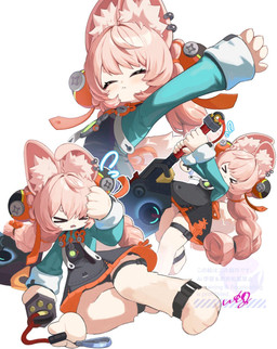 >_< anthro black_clothing black_panties black_underwear bodily_fluids braided_hair clothing ear_piercing eyes_closed female fur hair hand_on_own_head holding_melee_weapon holding_object holding_sword holding_weapon inner_ear_fluff kemono legband melee_weapon open_mouth panties panty_peek paws piercing pink_body pink_ears pink_fur pink_hair pink_tail rabbit_ears simple_background solo stretching struggling sweat sweatdrop sword tail thighband tuft underwear weapon white_background young young_anthro young_female uixylberte mihoyo zenless_zone_zero zhao_(zenless_zone_zero) lagomorph leporid mammal rabbit thiren hi_res signature watermark adult_(lore)