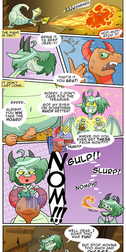 after_vore anthro belly big_belly blue_body cave duo female female_pred horn huge_belly inside overweight speech_bubble text treasure_hoard vore wings leheart mythology dragon mythological_creature mythological_scalie scalie 2023 absurd_res comic english_text hi_res long_image tall_image