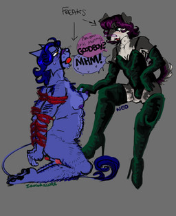 ambiguous_gender anal anal_penetration anthro arm_hair arm_tuft armpit_hair ball_gag bdsm blue_body blue_fur blue_hair blush bodily_fluids body_hair bodysuit bondage boots bound breast_grab breasts bulge buttplug buttplug_in_ass buttplug_insertion cheek_tuft chest_hair chest_tuft clothing curled_tail curly_hair dialogue dildo dildo_in_vagina dildo_insertion dominant dominant_female dominatrix drooling duo eyewear facial_scar facial_tuft female female/female footwear fur gag gagged glasses gloves green_eyes grey_background grey_body grey_fur hair hand_on_breast handwear high_heeled_boots high_heels humiliation kneeling latex latex_bodysuit latex_boots latex_clothing latex_footwear latex_gloves latex_handwear latex_skinsuit leg_hair male middle_aged mommy_kink moob_grab moobs muffled multicolored_body multicolored_fur muzzle_gag narrowed_eyes nipples object_in_ass open_mouth orange_eyes penetration plug_(sex_toy) plug_insertion purple_hair purple_nipples restrained restraints rope rope_bondage saliva scar sex_toy sex_toy_in_ass sex_toy_in_vagina sex_toy_insertion shoes shoulder_tuft simple_background sitting skinsuit speech_bubble spread_legs spreading squint submissive submissive_male sweat tail tight_clothing tuft vaginal vaginal_penetration verbal_domination verbal_teasing wearing_glasses white_body white_fur iambdacore missysissy valleyos callan_dion tavin_lowell canid canine canis domestic_dog felid lion mammal pantherine schnauzer colored hi_res