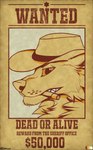 anthro cheek_tuft cigar clothing facial_tuft hat headgear headwear male neck_tuft no_sclera simple_background solo teeth text tuft wanted_poster ctahrpoe canid canine canis mammal wolf 2021 absurd_res digital_media_(artwork) english_text hi_res restricted_palette signature