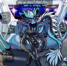 anthro balls_outline big_bulge bulge clothing crossed_legs detailed_bulge fangs fur genital_outline heterochromia huge_hips latex latex_clothing latex_skinsuit long_tail looking_at_viewer male penis_outline public_transportation sitting skinsuit solo tail tail_tuft teeth thick_thighs tight_clothing tuft wide_hips uromatsu mythology dragon furred_dragon furred_scalie mythological_creature mythological_scalie scalie hi_res
