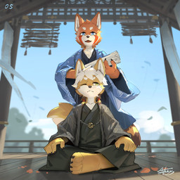 anthro asian_clothing blue_eyes claws clothing crossed_legs detailed_background duo east_asian_architecture east_asian_clothing finger_claws fluffy fluffy_tail green_eyes hair holding_object illuminated japanese_clothing kemono kimono male meditation one_eye_closed pointy_ears sitting sitting_on_ground tail toe_claws lokey ailurid ambiguous_species mammal red_panda 1:1 absurd_res digital_media_(artwork) hi_res