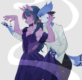 5_fingers anthro beak biped blue_body blue_tail blush bottomwear breasts clothed clothed_anthro clothed_female clothing crossgender dress duo female fingernails fingers fully_clothed fully_clothed_anthro fully_clothed_female hair horn mtf_crossgender nails purple_body purple_hair smile standing tail teeth topwear raccoattack cartoon_network friendship_is_magic hasbro mordetwi my_little_pony mythology regular_show mordecai_(regular_show) twilight_sparkle_(mlp) avian bird equid equine mammal mythological_creature mythological_equine unicorn 2025 digital_drawing_(artwork) digital_media_(artwork) hi_res meme