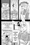 anthro breasts canid canine canis clothed clothing comic daigaijin dialogue domestic_dog duo english_text female furryfight_chronicles hi_res lagomorph leporid magazine male mammal mellow_(furryfight_chronicles) monochrome muko poodle rabbit text