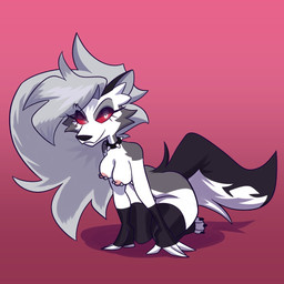 anthro areola armwear big_hair black_armwear black_clothing black_legwear black_nose black_thigh_highs breasts butt cheek_tuft clothing collar eyelashes facial_tuft female fur grey_body grey_fur grey_hair hair kneeling legwear long_hair looking_at_viewer nipple_piercing nipples nude piercing pink_areola pink_background pink_nipples red_sclera simple_background smile solo spiked_collar spikes thick_thighs thigh_highs tuft white_body white_eyes white_fur wide_hips monamania hellaverse helluva_boss mythology loona_(helluva_boss) canid canid_demon canine demon hellhound mammal mythological_canine mythological_creature 1:1 hi_res