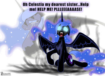 black_body black_feathers blue_body blue_eyes blue_feathers blue_hair bodily_fluids corruption cutie_mark feathered_wings feathers female feral glowing glowing_eyes hair horn pain screaming solo tears text transformation wings alukamalika friendship_is_magic hasbro my_little_pony mythology nightmare_moon_(mlp) princess_luna_(mlp) equid equine mammal mythological_creature mythological_equine winged_unicorn 2013 english_text hi_res