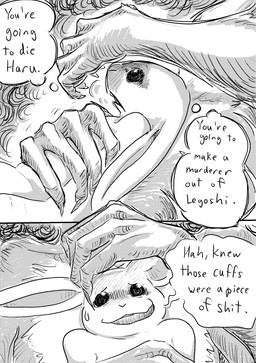 anthro bodily_fluids breasts breath buckteeth caught claws dialogue duo female hand_on_breast lying lying_on_another male nervous nervous_smile on_back panting scar scared sweat teeth text dragonweirdo beastars haru_(beastars) legoshi_(beastars) canid canine canis lagomorph leporid mammal rabbit wolf absurd_res comic english_text hi_res monochrome