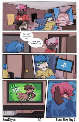 ageplay anthro blue_body blue_fur blue_hair bodily_fluids brown_body brown_fur clothed clothing dialogue diaper doll door electronics female fur furniture genital_fluids green_eyes hair infantilism male male/female pink_eyes pink_hair roleplay sofa television text unclean_diaper urine used_diaper watching_television wearing_diaper wet_diaper bewskyss ben_10 cartoon_network canid canine lagomorph leporid mammal rabbit absurd_res comic english_text hi_res