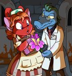 anthro apron blue_body clipboard clothing coat detailed_background doctor duo eyewear female flower fur glasses holding_clipboard holding_flower holding_object lab_coat male male/female name_tag nurse nurse_clothing nurse_uniform plant red_body red_cross red_fur rust surprised_expression topwear uniform chaoskomori neopets lucy_(neopets) mr._krawley acara_(neopets) krawk_(neopets) mammal neopet_(species)