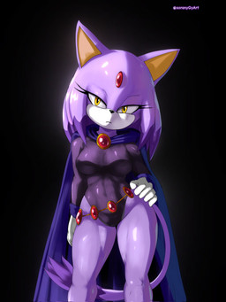 abs anthro big_breasts breasts cloak clothing cosplay eyelashes female fur glistening glistening_body gloves hand_on_hip handwear leotard muscular muscular_anthro muscular_female purple_body purple_fur solo thick_thighs white_body white_fur wide_hips yellow_eyes soranygyart dc_comics sega sonic_the_hedgehog_(series) blaze_the_cat raven_(dc) domestic_cat felid feline felis mammal 2026 3:4 hi_res