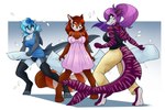 anthro blue_hair breasts clothing feathers female group hair nightgown non-mammal_breasts pajamas pillow_fight trio ambris allison_kohl_(racto) erika_(ambris) lottie_(lottieloveart) ailurid fish mammal marine red_panda shark 2019 3:2 hi_res