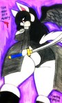 anthro black_clothing black_hair breasts clothed clothing female hair melee_weapon solo sword topwear weapon white_body theloanwanderer216 final_fantasy final_fantasy_vii square_enix undertale undertale_(series) sephiroth_(final_fantasy_vii) temmie_(undertale) canid canine felid feline mammal tem 3:5 hi_res