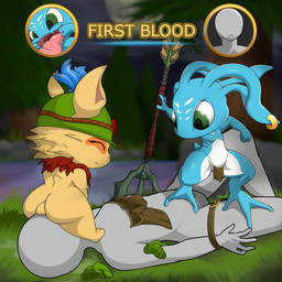 ambiguous_gender balls facesitting feral genitals group male male/ambiguous sitting_on_another trio adeviantcritter league_of_legends riot_games tencent fizz_(lol) teemo_(lol) human mammal yordle 1:1