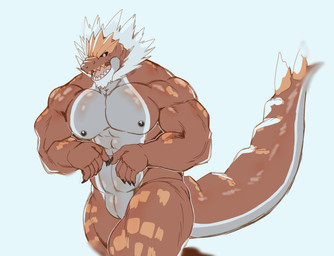 abs animal_genitalia anthro anthrofied biceps black_sclera cloaca genitals male muscular muscular_anthro muscular_male neck_tuft nipples non-mammal_nipples pecs red_body red_skin simple_background solo triceps tuft monochrome_kg nintendo pokemon dinosaur fossil_pokemon generation_6_pokemon pokemon_(species) prehistoric_species reptile scalie tyrantrum hi_res