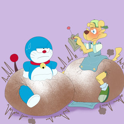 anthro blush clothed clothing diaper duo feces female oversized_diaper pooping simple_background soiled_diaper soiling soiling_diaper unclean_diaper used_diaper using_diaper wearing_diaper srbunny649 doraemon doraemon_(character) canid canine canis domestic_cat domestic_dog felid feline felis mammal 1:1 digital_media_(artwork) hi_res