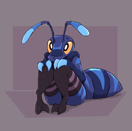 2_toes ambiguous_gender antennae_(anatomy) anthro arm_markings arthropod_abdomen biped black_eyes blue_body blue_markings clothing exoskeleton eyebrows facial_markings feet footwear footwear_only grey_background hands_on_knees hands_on_legs head_markings leg_markings mandibles markings mostly_nude multicolored_antennae pupils raised_inner_eyebrows simple_background sitting socks socks_only solo toes white_pupils yellow_sclera eekanant eek_(eekanant) ant arthropod hymenopteran insect 2025 digital_drawing_(artwork) digital_media_(artwork) english_description