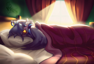 anthro beak bed bed_covers bed_sheet bedding blue_body blue_feathers blue_hair blush chest_tuft curtains detailed_background eyelashes feather_tuft feathered_arms feathers female furniture hair happy headboard light light_beam on_bed pillow smile smiling_at_viewer smush solo sunbeam sunlight tuft under_covers waking_up 0wandering0 undertale undertale_(series) undertale_yellow martlet_(undertale_yellow) avian bird monster 2025 hi_res signature