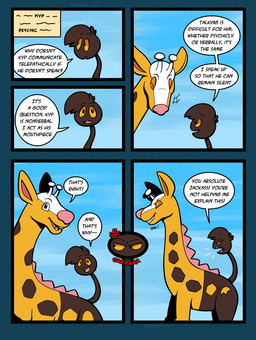 antlers blue_eyes brown_body brown_fur dialogue fur horn male orange_sclera pink_nose solo speech_bubble spikes spikes_(anatomy) text yellow_body yellow_fur trevor-fox nintendo pokemon kyp_(character) trevor-fox_(character) generation_2_pokemon girafarig pokemon_(species) comic english_text hi_res nonbinary_(lore)