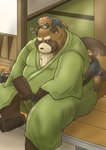 anthro belly brown_body brown_fur clothing detailed_background eyes_closed fur group kemono male overweight overweight_male robe scar sitting sleeping mametanu_tanuki lifewonders tokyo_afterschool_summoners gyobu's_underlings gyobu_(tas) canid canine mammal raccoon_dog tanuki 2020 absurd_res hi_res