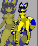 :< anthro blue_eyes blue_hair breasts clothing eyewear eyewear_on_head female footwear genitals glasses glasses_on_head hair nipples nude pussy sandals shoes small_breasts solo yellow_body macarroni animal_crossing nintendo ankha_(animal_crossing) domestic_cat felid feline felis mammal absurd_res full-length_portrait hi_res portrait