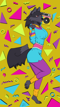 1980s_theme 80s_clothing accessory alternative_fashion ankle_band anthro athletic_wear biped black_body black_fur blue_clothing blue_topwear boombox bottomwear bright_colors claws clothed clothing dancing feet female fingers fluffy fluffy_tail fur gym_bottomwear gym_shorts hair leg_warmers leggings legwear leotard_under_clothing memphis_design multicolored_clothing neck_tuft neon one_leg_on_ground one_leg_up open_mouth oversized_clothing purple_clothing purple_leggings purple_legwear raised_arm raised_leg red_eyes shorts smile solo standing tail teeth toes topwear tuft windbreaker yellow_clothing bbear i_think_i_like_you jess_(i_think_i_like_you) canid canine canis mammal wolf 2025 9:16 absurd_res dated digital_media_(artwork) hi_res signature