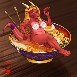 anthro boiled_egg breasts chopsticks convenient_censorship female fish_cake food hair horn liquid looking_at_viewer noodles partially_submerged plant ramen scallion smile solo soup vegetable wide_hips reddragon mythology dragon mythological_creature mythological_scalie scalie 1:1 hi_res