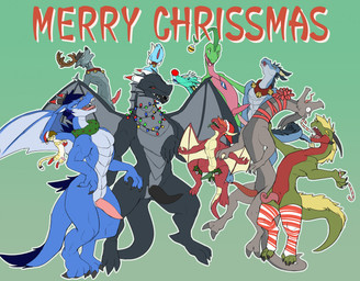 anthro bell bell_collar black_body blue_body christmas_clothing christmas_decorations christmas_headwear christmas_lights claws clothing collar dorsal_fin dorsal_frill ear_fins fin frill_(anatomy) genitals green_body grey_body headgear headwear holidays horn jingle_bell jingle_bell_collar male multicolored_body penis red_body red_eyes spines wings tala128 christmas mythology nintendo pokemon negadrake dragon generation_3_pokemon grovyle mythological_creature mythological_scalie pokemon_(species) scalie 2024 hi_res