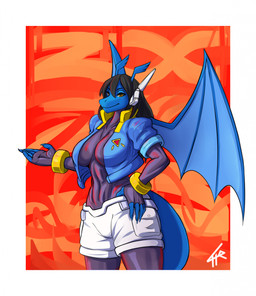 abs anthro armband blue_body bodysuit bottomwear breasts clothing cosplay headgear jacket male shorts skinsuit solo tight_clothing topwear wings 4te capcom mega_man_(series) mega_man_zx mega_man_zx_advent mythology aile_(mega_man) jv dragon mythological_creature mythological_scalie scalie hi_res