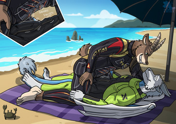 anthro beach black_clothing blue_markings bodily_fluids bovid_horn brown_body brown_fur bulge bulge_frottage caprine_horn claws clothing cum cum_from_penis cum_in_clothing cum_in_pants cum_outline detailed_bulge dominant dominant_anthro dominant_male dragon_wings duo feet finger_claws flustered frottage frottage_through_clothing fur genital_fluids genital_outline green_clothing grey_body grin grinding horn lying lying_on_ground male male/male markings neoprene nervous nervous_smile on_back on_ground orgasm orgasm_from_frottage parasol penile penis_outline penises_touching public sand sea sex shaking smile submissive submissive_anthro submissive_male tail tail_tuft tight_clothing toe_claws tuft water wetsuit torrosketch leopold_(leopoldtheibex) slinky_(slinkyman) bovid caprine goat ibex mammal hi_res
