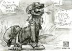 anthro clothed clothing dialogue fur male open_mouth simple_background smile solo standing text keovi mammal mustelid otter 2016 english_text monochrome sketch url