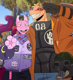 anthro clothed clothed_anthro clothed_male clothing ears_up group looking_at_viewer male male/male multi_arm multi_eye multi_limb multicolored_body outside photo plant smile smiling_at_viewer teeth teeth_showing text text_on_clothing tongue tree trio 000atanerriaper000 gemini_the_sergal sergal hi_res