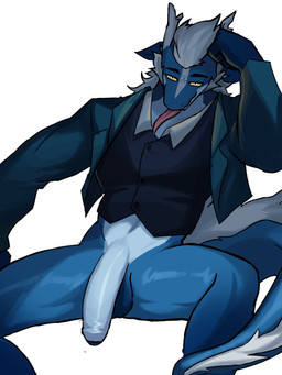 2_horns anthro balls bedroom_eyes biped black_eyes blue_body bottomless clothed clothing countershading erection fur genitals hair hand_on_head horn humanoid_genitalia humanoid_penis jacket looking_at_viewer male narrowed_eyes non-mammal_balls penis penis_base seductive simple_background solo spread_legs spreading tail tail_mane tongue tongue_out topwear vest white_background white_body white_countershading white_hair yellow_sclera jaybeyyy mythology dragon furred_dragon furred_scalie mythological_creature mythological_scalie scalie 2024 3:4 hi_res