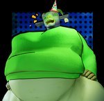 anthro belly big_belly big_breasts black_border border bottomless breasts clothed clothing dotted_background ear_piercing ear_tag emanata female fingers fur green_clothing green_eyes green_sweater green_topwear grey_body grey_fur hands_on_hips hat headgear headwear hooved_fingers hooves horn looking_at_viewer obese open_mouth overweight party_hat pattern_background piercing simple_background solo sweater teeth topwear topwear_only anaroth coffee_stain_studios epic_games fortnite goat_simulator pilgor_(goat_simulator) bovid caprine goat mammal 2025 3d_(artwork) digital_media_(artwork) hi_res