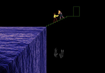 abstract_art ambiguous_gender anthro antlers biped black_background blonde_hair brown_hair clothed clothing door duo falling female hair hand_holding hooves horn long_hair plantigrade sea simple_background snowgrave stairs water yellow_body yellow_skin theforeignbread deltarune the_truman_show undertale_(series) kris_dreemurr noelle_holiday deer human lightner mammal new_world_deer 2026 digital_drawing_(artwork) digital_media_(artwork) english_description hi_res