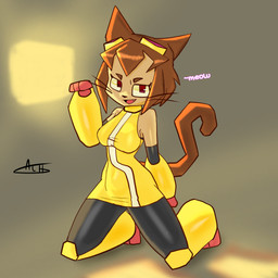 anthro big_breasts breasts clothed clothing female meow seductive simple_background solo whiskers alhnsfw gameoverse glitch_productions kit_bodega felid feline mammal 1:1 absurd_res hi_res