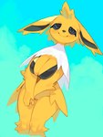 2023 anthro big_breasts biped black_eyes black_inner_ear breasts cleavage clothed clothing digital_media_(artwork) eeveelution female fur generation_1_pokemon green_background hi_res jolteon kame_3 looking_at_viewer multicolored_body multicolored_fur nintendo pokemon pokemon_(species) simple_background smile smiling_at_viewer solo spiral_eyes two_tone_body two_tone_fur white_body white_fur yellow_body yellow_fur