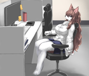anthro barefoot big_breasts biped bodily_fluids bottomwear breasts brown_body brown_ears brown_fur brown_hair chair chest_tuft clothed clothing computer_mouse crying electronics eyebrow_through_hair eyebrows feet female fully_clothed fur fur_tuft furniture hair keyboard monitor multicolored_body multicolored_fur office pawpads sad sitting skirt solo tears topwear translucent translucent_hair tuft two_tone_body two_tone_fur white_body white_clothing white_fur white_topwear inake species_request hi_res