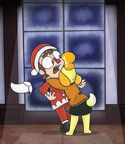 2_toes 4_fingers anthro barefoot bent_arm black_boots black_bottomwear black_clothing black_footwear black_skirt blonde_hair boots bottomwear brown_eyes button_(fastener) christmas_clothing christmas_headwear clothed clothed_anthro clothed_female clothed_human clothed_male clothing coat costume duo eyebrow_through_hair eyebrows fake_beard feet female female_anthro fingers floor floppy_ears footwear fully_clothed fully_clothed_anthro fully_clothed_female fully_clothed_human fully_clothed_male fur grey_wall hair hat headgear headwear holidays hug hugging_another inside larger_male leaning leaning_backward leaning_forward light lop_ears male male/female male_human motion_lines multicolored_hair no_pupils orange_clothing orange_ears orange_hair orange_sweater orange_topwear pants pockets ponytail red_bottomwear red_clothing red_coat red_hat red_headwear red_nose red_pants red_tongue red_topwear santa_costume santa_hat shoes short_hair size_difference skirt smaller_anthro smaller_female standing sweater tan_body tan_skin teeth toes tongue topwear translucent translucent_hair triangle_nose two_tone_hair wall_(structure) window wood wood_floor yellow_body yellow_fur cookieboy011 animal_crossing christmas nintendo isabelle_(animal_crossing) villager_(animal_crossing) canid canine canis domestic_dog human mammal shih_tzu toy_dog 2020 colored digital_drawing_(artwork) digital_media_(artwork) english_description lighting shaded story story_in_description