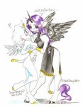 2003 anthro black_hooves blush breasts clothed clothing colored_pencil_(artwork) deadrabbit duo ear_piercing equid equine feathered_wings feathers female female/female fur hair hooves horn long_hair mammal mythological_creature mythological_equine mythology nude piercing purple_hair question_mark short_hair standing tail traditional_media_(artwork) unicorn wings yellow_hooves