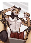 anthro areola biped black_body black_fur black_spots bottomwear clothing fur green_eyes hair jewelry male navel necklace nipples shorts smile solo spots teeth white_body white_fur yellow_body yellow_fur spuydjeks felid feline mammal 2024 hi_res