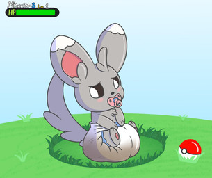 blush clothing diaper feces fur grass grey_body grey_fur male outside pacifier plant pokeball scatplay soiled_diaper soiling solo unclean_diaper used_diaper meowstic_(artist) nintendo pokemon generation_5_pokemon minccino pokemon_(species) 2016 hi_res