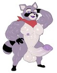 abs anthro arm_tuft balls biceps big_balls big_pecs big_penis black_body black_fur clothing fur genitals huge_balls huge_penis humanoid_genitalia humanoid_penis kerchief male muscular muscular_male nipples pecs penis purple_body purple_fur scrotum_flap simple_background small_but_hung solo teapot_(body_type) teeth thick_thighs tuft white_background wide_hipped_male wide_hips inkgoat indigo_park rambley_raccoon mammal procyonid raccoon hi_res